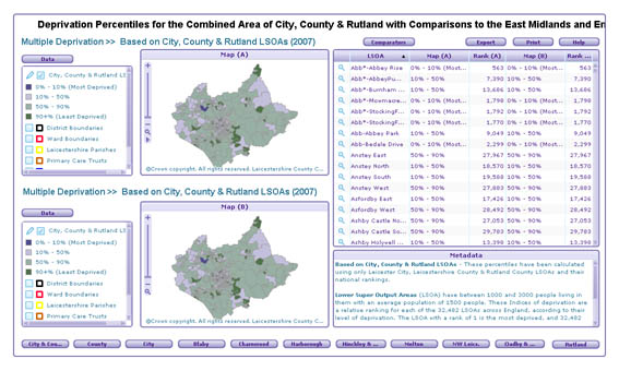 Image of interactive report that displays deprivation rankings across the sub-region.